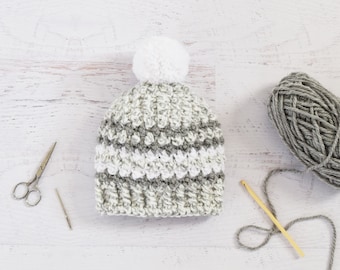 Crochet Hat PATTERN - Stripe Pom Beanie - Crochet beanie tutorial Instant Download PDF digital file