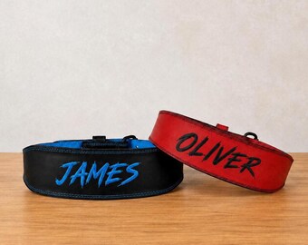 May include: Two weightlifting belts, one black with blue stitching and the name JAMES embroidered in blue, and one red with black stitching and the name OLIVER embroidered in black. Both belts feature a buckle closure and a wide design.