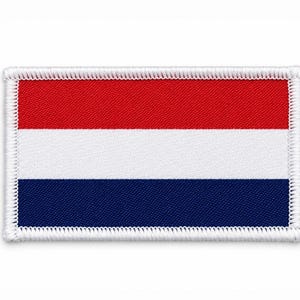 May include: A rectangular embroidered patch featuring the horizontal tricolor flag of the Netherlands, consisting of three equal bands of red, white, and blue, finished with a thick white stitched border around the entire perimeter.
