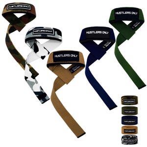May include: A collection of five weightlifting straps in various colours including camouflage, white and black camo, solid tan, solid navy blue, and solid olive green. Each strap features a padded wrist section with the text HUSTLERS ONLY.