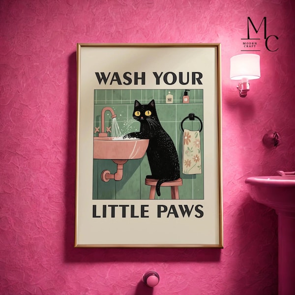 Cat Bathroom Print – Wash Your Paws, Funny Pet Wall  Decore