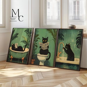 Black Cat Bathroom Art Print Set • Funny Cat Wall Decor • Quirky Retro Green Cat Posters • Cute Feline Artwork for Home Decor