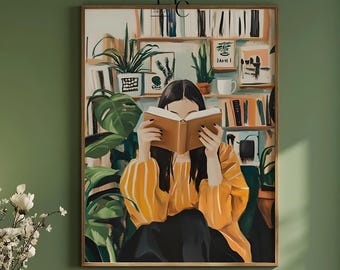 Modern Illustration Wall Art • Cozy Reading Poster • Book Lover Print • Minimalist Home Decor • Plant Room Artwork