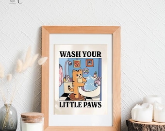 Humorous Cat Wall Art – Wash Your Paws Bathroom Print, Pet Lover Decor
