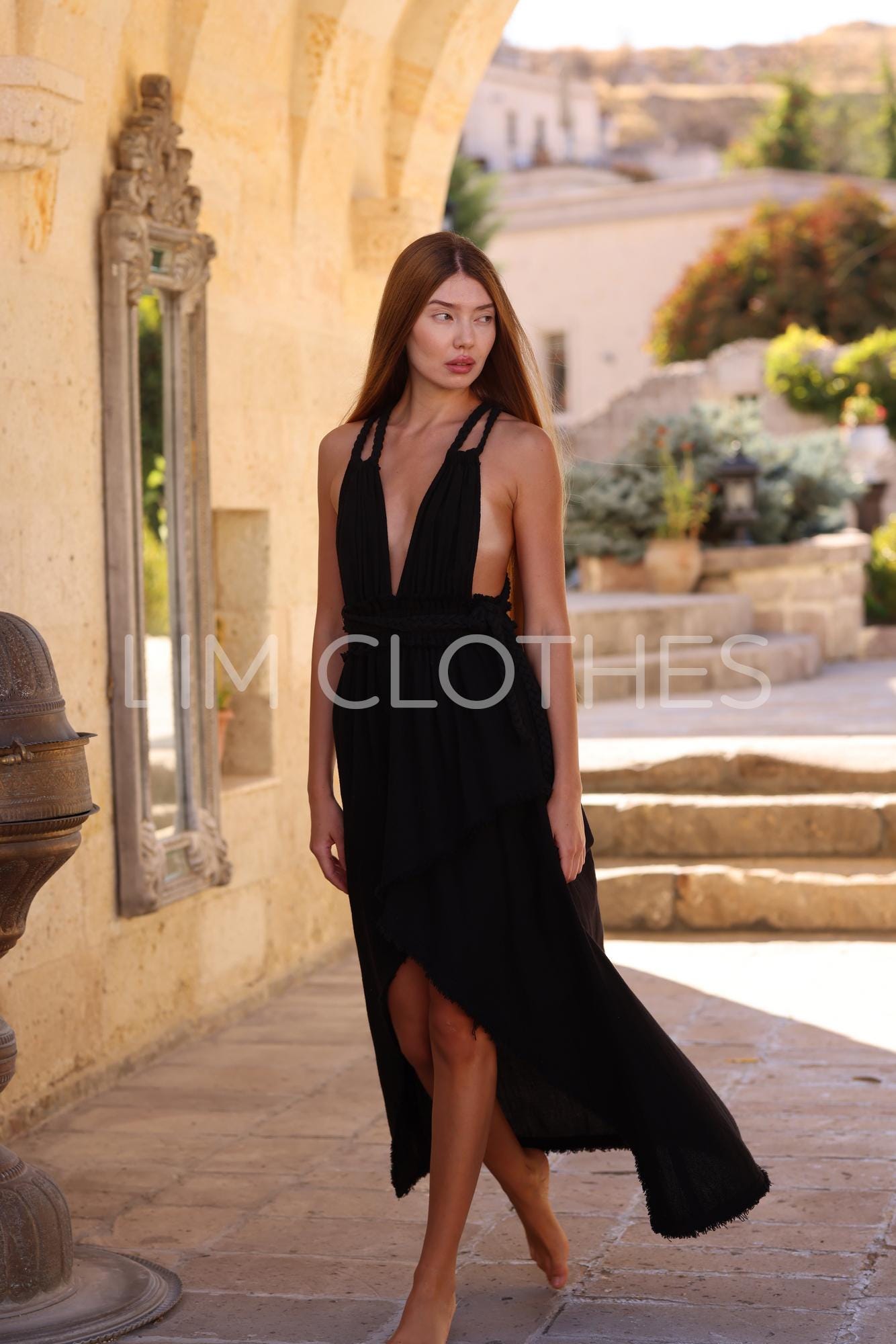 Midnight Black Linen Maxi Dress – Backless Boho Gown, Raw Edge