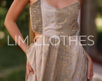 Champagne Gold Silk Touch Maxi Dress | Elegant Floral Gown