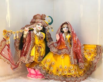 Radha Krishna Golden Yellow Silk Dress Set – Heavy Embroidery, Deity Outfit