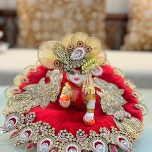Handmade Krishna Poshak: Red & Golden Dress with Pagdi