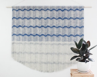 Wave Block Print Fringe Wall Hanging in Blue 48 inches wide x 40 inches tall
