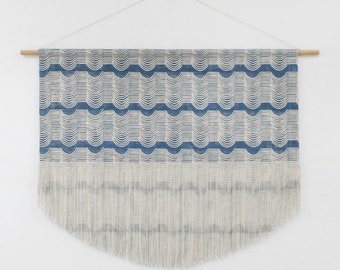 Wave Block Print Fringe Wall Hanging in Blue 39 inches wide x 32 inches tall
