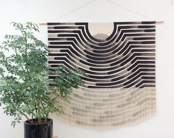 Painted Wave with Taupe Circle and Fringe Wall Hanging