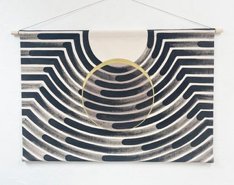 Painted Wave with Taupe Circle and Gold Eclipse Faux Headboard Wall Hanging