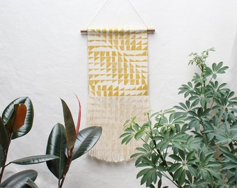 Angle Wave Block Print Fringe Wall Hanging in Yellow