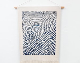 Sand Dune Block Print Fringe Wall Hanging in Blue or Taupe