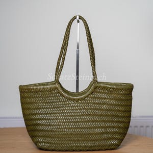 Dina Handgjord vävd läder Hobo Tote flätad strandväska present till henne/Olivgrön