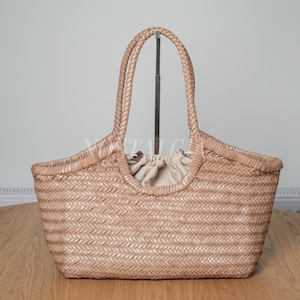 Beige Buffalo Leather Hobo Tote, Handwoven Braided Beach Basket Bag gift for her