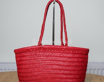 Mae genuine Leather handwoven Hobo Tote handcrafted braided bag gift for her/Red