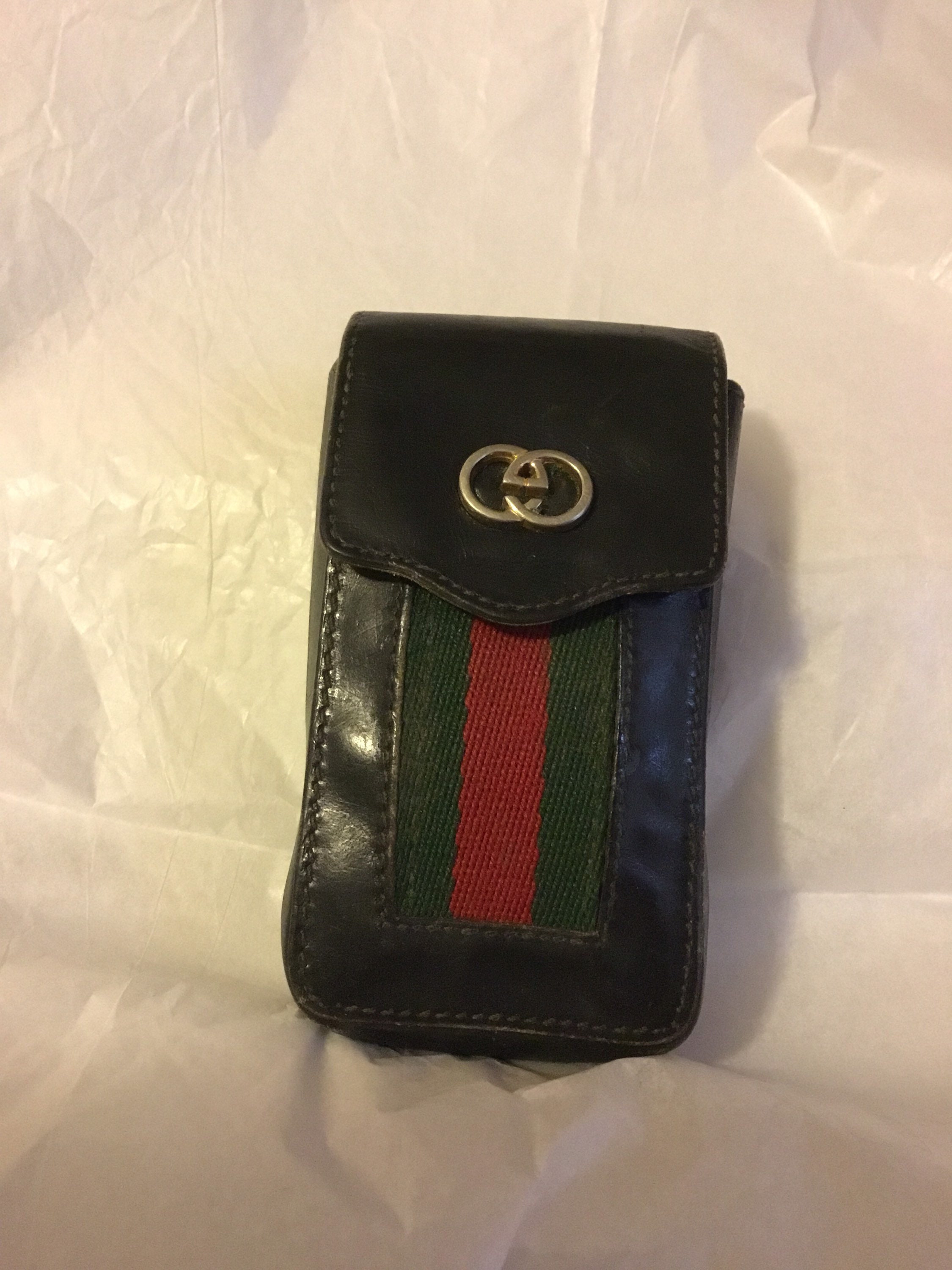 Vintage GUCCI Black Leather Red & Green Web Cigarette Case 