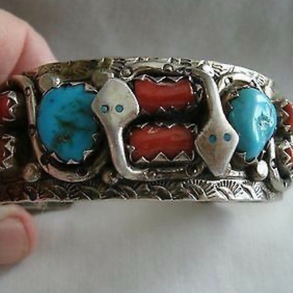 Vintage Navajo Turquoise & Coral H. Spencer Sterling Cuff Bracelet