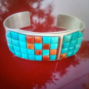 Vintage Türkis & Koralle Sterling Silber Manschette Armband
