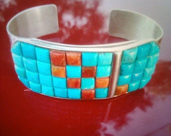 Signed Leo Feeney Turquoise Multi Stone Cluster Cuff Bracelet