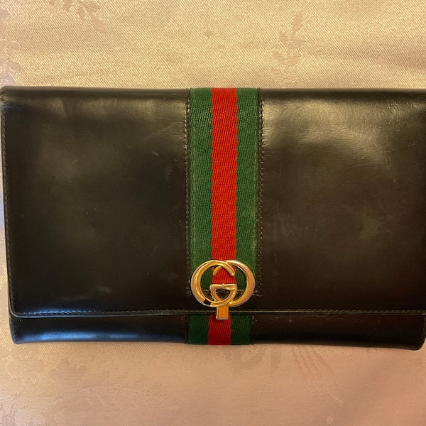 Vintage GUCCI Black Leather GG Trifold Organizer Clutch Wallet “RARE”