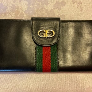 Vintage GUCCI Cartera Larga Sherry Line GG Logo Unisex Cuero Negro