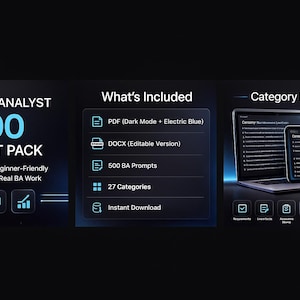 Puede incluir: Paquete digital para analistas de negocios, con 500 indicaciones de IA, 27 categorías y descarga instantánea. Incluye formatos PDF y DOCX. La imagen muestra un portátil, una tableta y un teléfono mostrando contenido.