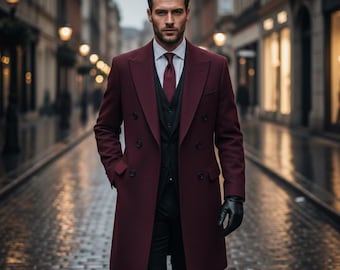 Deep burgundy tweed wool overcoat, double breasted 6 button blazer, Tailored and Made to measure blazer.