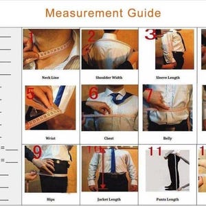 May include: A measurement guide with numbered diagrams demonstrating how to measure various parts of the body for clothing. The guide includes measurements for neckline, shoulder, sleeves, armhole, wrist, chest, belly, waist, hips, cloth length, pants length, thigh, height, and weight.