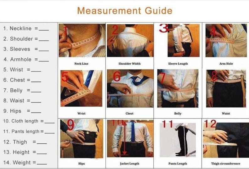 May include: A measurement guide with numbered diagrams demonstrating how to measure various parts of the body for clothing. The guide includes measurements for neckline, shoulder, sleeves, armhole, wrist, chest, belly, waist, hips, cloth length, pants length, thigh, height, and weight.