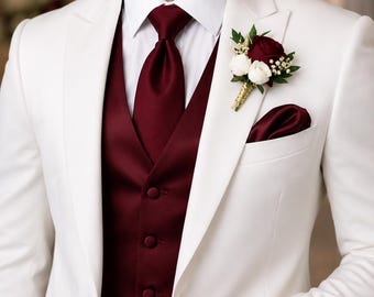 White Groom Suit – 3-Piece Slim Fit Tuxedo with Burgundy Vest
