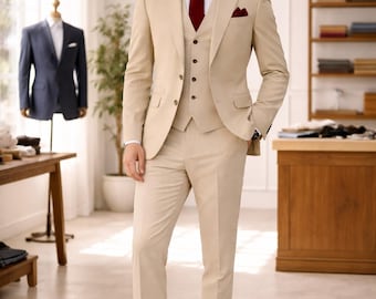 Beige 3 piece suit, Tailored suit, Made to measure.