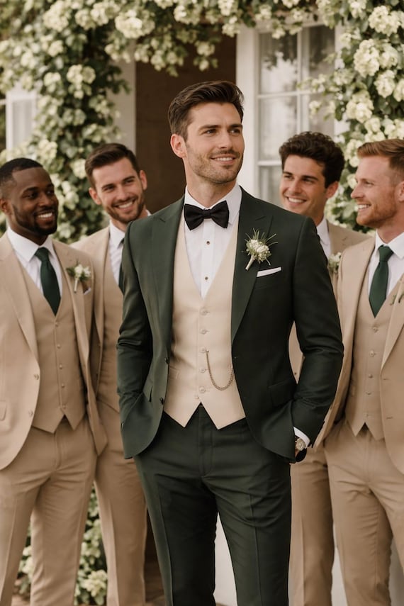 Green and beige 3 piece suit, Tailored suit, Made to measure.