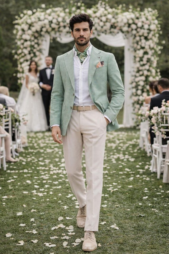 green and white dress code Men's Mint Linen Suit, Summer Wedding Groom, Pastel Formal Attire Blazer Trouser inv-57
