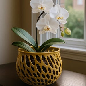 May include: A potted white orchid with yellow centers and green leaves sits in a yellow, oval-patterned pot. The plant is placed on a dark brown surface near a window, with a blurred outdoor view in the background.