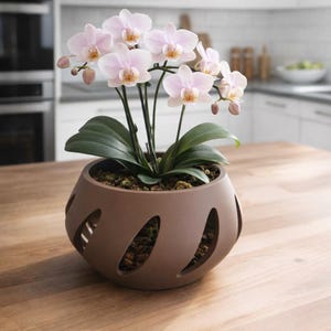 Pode incluir: Uma orquídea em vaso com flores rosa claro e folhas verdes sobre uma mesa de madeira. O vaso castanho tem um design único com aberturas ovais. O fundo mostra uma cozinha com armários brancos.