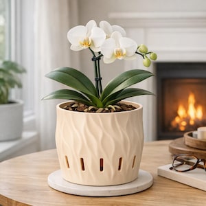 Pode incluir: Uma orquídea branca e amarela com folhas verdes num vaso bege texturizado. O vaso está sobre um pires redondo e claro. O fundo inclui uma lareira e uma mesa de madeira. O vaso tem orifícios de drenagem.