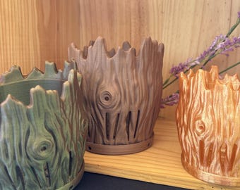 Wood Log Planter  3D Printed Tree Stump Pot with Natural Bark Texture