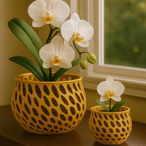 May include: Two yellow, patterned planters with white orchids. The larger planter holds a blooming orchid with multiple flowers and green leaves. The smaller planter has a single orchid flower. The planters sit on a dark brown surface near a window.
