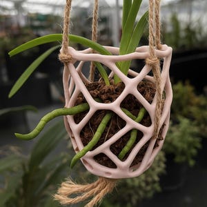 May include: A hanging planter with a light pink, openwork design, suspended by natural twine. The planter holds soil and a green plant with long, curved roots. The background is blurred, suggesting a greenhouse or garden setting.