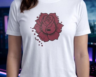 Glitch Rose Shirt | Pixel Art Floral Tee | Cyber Gothic Hoodie | Dark Crimson Sweatshirt | Low Battery Gift | Tech Aesthetic Top
