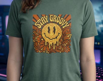 Stay Groovy Shirt | Melting Smiley Face Tee | Retro Floral Hoodie | Hippie Sweatshirt | 70s Boho Gift | Psychedelic Sun Rays Top