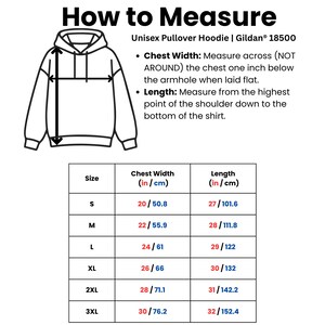 Puede incluir: Diagrama que muestra c&oacute;mo medir una sudadera con capucha unisex. La imagen incluye un contorno de sudadera con l&iacute;neas de medici&oacute;n, una tabla de tallas y el texto: "How to Measure". La tabla proporciona medidas de ancho de pecho y largo en cm.