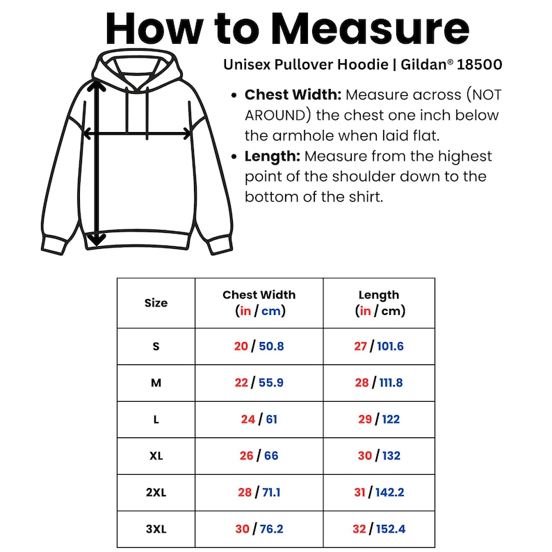 Puede incluir: Diagrama que muestra c&oacute;mo medir una sudadera con capucha unisex. La imagen incluye un contorno de sudadera con l&iacute;neas de medici&oacute;n, una tabla de tallas y el texto: "How to Measure". La tabla proporciona medidas de ancho de pecho y largo en cm.