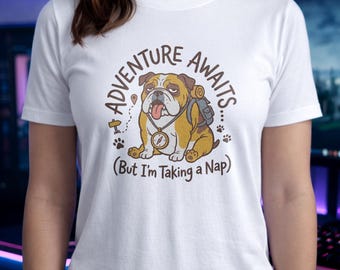 English Bulldog Hiking Shirt - Funny Lazy Dog Lover Gift - Sleeping Pet Graphic Top - Sarcastic Camping Apparel - Chubby Puppy Unisex Gear