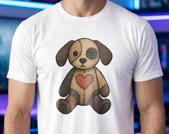 Voodoo Doll Dog T-Shirt, Gothic Puppy Plushie Hoodie, Creepy Cute Stitched Animal Sweatshirt, Dark Whimsy Heart Patchwork Graphic Tee