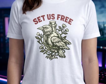 Set Us Free Cotton Shirt, Vintage Raven Bottle Graphic Hoodie, Dark Nature Sweatshirt, Gothic Bird Tee, Freedom Crow Floral Etching Gift