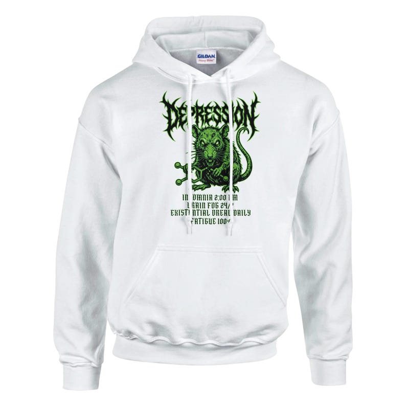 Camiseta de depresión, insomnio y confusión mental, camiseta de angustia existencial, sudadera con capucha de humor negro sobre salud mental, sudadera Fatigue 100, gráfico de rata sarcástica imagen 9