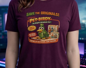 Save The Originals Pet Birdy Cotton Shirt | Funny Microplastic Parody Tee | Sarcastic Eco Humor Apparel | Climate Satire Gift